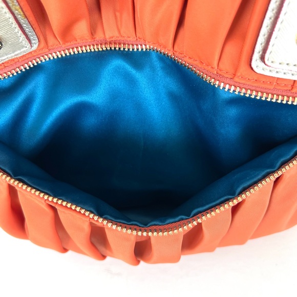 MZ WALLACE Bea Bedford Pleated Orange Nylon Gold Leather Trim Shoulder Bag Tote - Picture 7 of 16